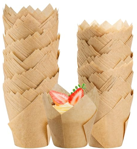 BTSD-home 200 Stück Cupcake Förmchen Tulip Muffinförmchen Papier für Backen Partyferien Hausgemachte Cupcakes und Bäckerei(Naturfarbe 7.87×5.08×8.13 cm)