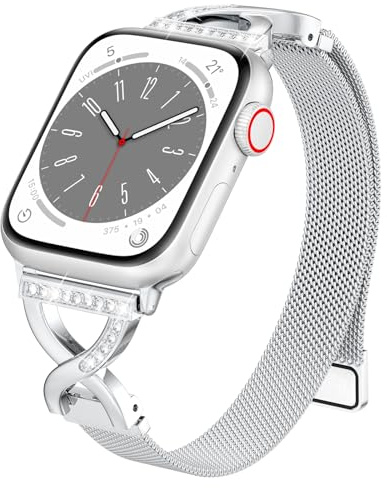 Slim Magnetic Metal Milanese Loop Compatible with Apple Watch Straps Womens | For iWatch Series 11 10 9 8 7 6 5 4 3 2 SE, X-Shape Diamond Clasp Thin Bands for Daily Use 38mm 40mm 41mm 42mm 44mm 45mm 46mm