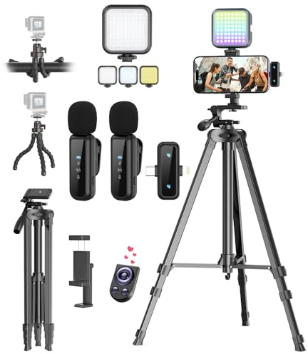 Vlogging Kit for iPhone/Android, YouTube Starter Kit with Wireless Microphone/Camera Tripod/Flexible Tripod/RGB Fill Light, Content Creator Essentials Kits for TikTok Vlog Video Recording
