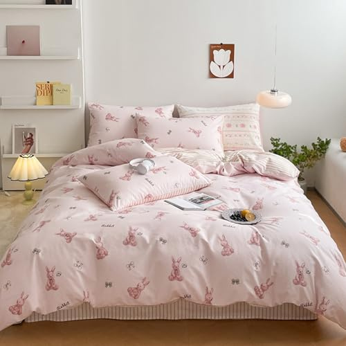 Freyamy Kinder Bettwäsche 100x135 Rosa Grau Hase Schleifen Kinderbettwäsche | Mädchen Wendebettwäsche, 2teilig Bettwäsche-Sets, Microfaser ÖKO-TEX Bettbezug mit Reißverschluss und Kissenbezug 40x60cm