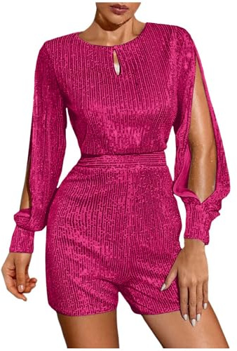 Duohropke Jumpsuit Damen Pailletten Overall Einteiler Kurz Abend Hosenanzug Glitzer Strampler Rave Outfit Weites Bein Elegant Playsuit Romper Sexy Cocktail Karneval Performance Kostüm