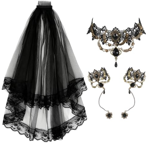 MorLuks Schwarzer Brautschleier & Halskette Armband Set, Halloween Braut Kostüm Zubehör, Hexe Vampir Steampunk Cosplay Schmuck, Damen Gothic Accessoire für JGA und Halloween