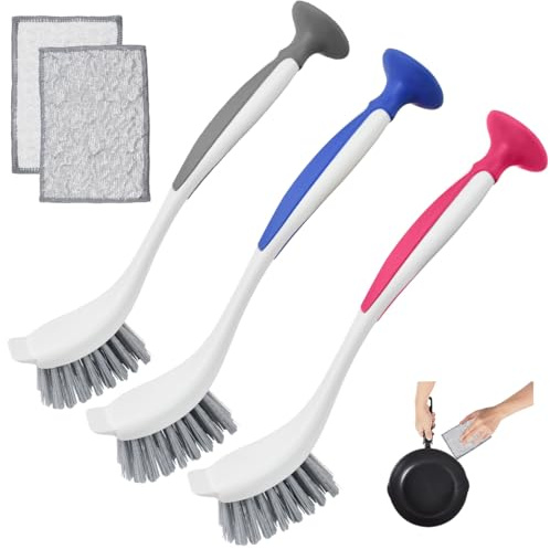 Vijixka 3 Pz Spazzola Lavapiatti da Cucina con Ventosa,Spazzola per Pentole da Cucina con 2 Pz Spugna per Lavastoviglie,Spazzole per Piatti per Pentole Pulizia Lavello da Cucina