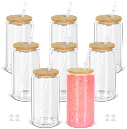 Cosictic 16 OZ Schneekugel Becher, Schneekugel Becher Selber Machen mit Stopfen und Strohhalm, 473ml, Doppelwandiges Glas mit Stopfen und Strohhalm (8 Stück)