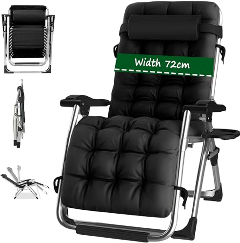 Klappbarer Loungesessel mit Getränkehalter Outdoor Indoor Relaxliege für Terrasse Terrasse Strand Pool Schwarz Kissen Set von 1