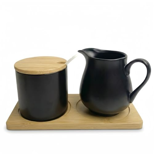 Ceramic Sugar and Creamer Set with Lid Spoon and Wooden pallets, Ceramic Coffee Bar Accessories, Cream Jug Sugar Jar, for Home Milk Coffee, Coffee Serving Set (Black)