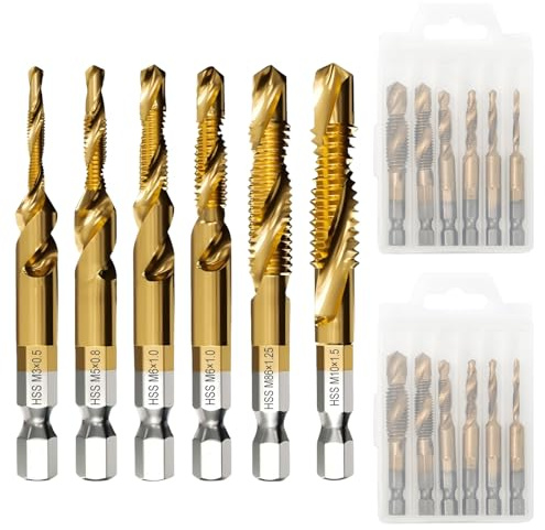Pilikoll 12 Stück Kombigewindebohrer mit Sechskantschaft für Metall, Holz | HSS M3-M10 1/4 SechskantschaftBohrer, Kombi-Bohrer und Gewindeschneider-Set, Maschinengewindebohrer Drill Bits
