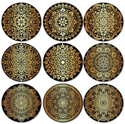 ANATTASOUL 9 Stück Gold Mandala Muster Untersetzer Holz für Zuhause | Holzuntersetzer Coaster Wiederverwendbare Glasuntersetzer ,Tasse Coaster Mat für Büro und Bar Tischdeko Sommer