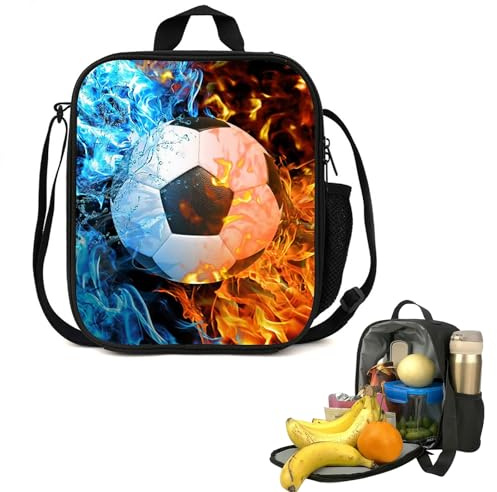 XMSHYODSM Football Lunch Box Bag, 3D Football Insulated Lunch Bag, Portable Footballs Lunchs Box with Water Bottle Holder Reusable Cooler Bags for School Picnic Travel Hiking Camping