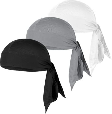 TIHNY 3 Pack Skull Cap Bandana, Breathable Quick Dry Sweat Wicking Headwrap for Cycling Running, Bandanas for Men Set Black Gray White