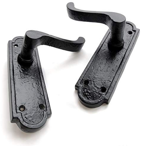 Pair of Black Hammered Victorian Scroll Lever Latch Door Handles ON Back Plate