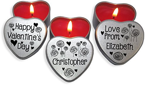 Set of 3 Personalised Valentine’s Day Candles. Gift for him or her. 3 Silver Mini Heart Tins Filled with Tealight Style Red Candles. (Happy Valentine's Day)