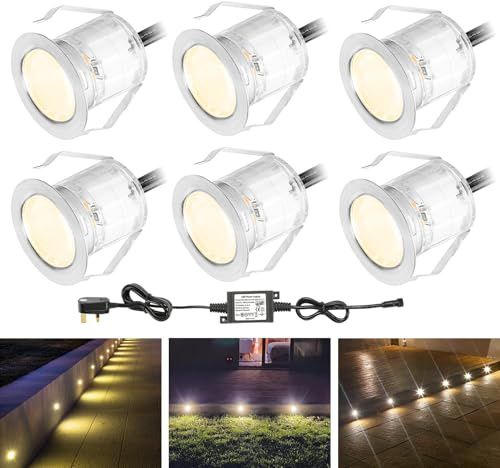 6 Pack Warm White LED Decking Lights, IP67 Waterproof Ø30mm Plinth Lights | Soft Warm Ambient Light, 12V Low Voltage Safety, Flush Recessed Install, Weather Durability, for Patio Path Wall Garden Decor