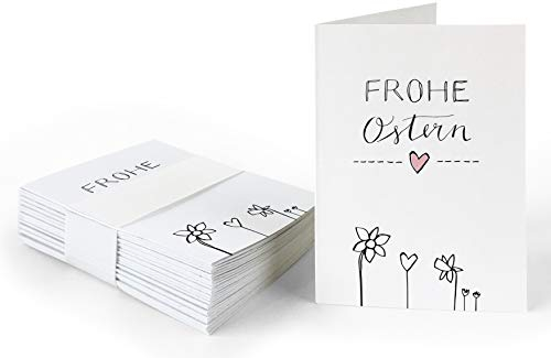 25 Geschenkanhänger - Frohe Ostern - Ostergrüße in Weiß, originelle Mini Osterkarten zum Ostergeschenke Beschriften, edel exklusiv individuell, A7 Recyclingpapier Klappkarten