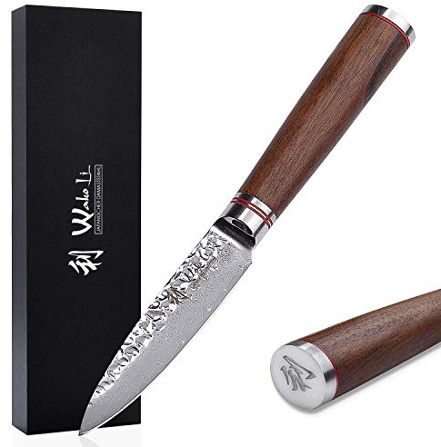 Wakoli Nussbaum Premium Officemesser mit 9 cm Klinge gefertigt aus 67 Lagen echtem Damaststahl mit Nussbaumholzgriff I Damastmesser Küchenmesser und Profi Kochmesser