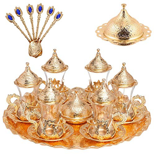 Alisveristime Handgefertigtes türkisches Tee-Wasser-Zamzam-Servierset, Gläser, Untertasse, Tablett und Löffel (Gold)