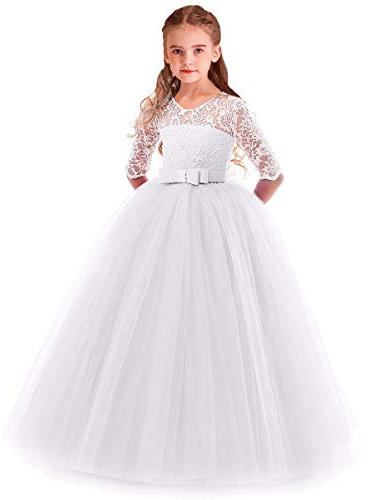 WOCINL Flower Girl 3/4 Sleeve Floral Lace Dress Princess Pageant Birthday Party Wedding Evening Tulle Ball Gown White 9-10T