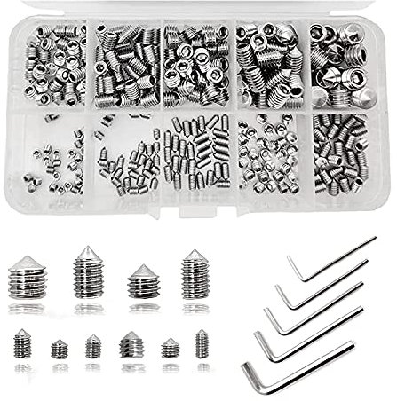 Assorted Cone Point Grub Screws - Stainless Steel Metric Thread Socket Screws with M3 M4 M5 M6 M8 Sizes and Allen Keys (290, silver, M3,M4,M5,M6,M8)