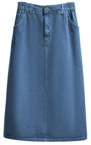 CHARTOU Women's Summer Casual Elastic Waist Pockets Work Midi Denim A Line Skirt (Large,Blue)