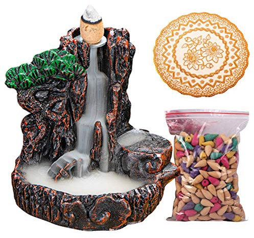 Rückfluss Räuchergefäß Halter Wasserfall - Harz Räucherstäbchenhalter mit 50 Rückfluss Räucherkegel & 1 Anti-Rutsch-Matte - Räucherwasserfall Rauchbrunnen Wasserfall für Meditation Zen Yoga Dekoration