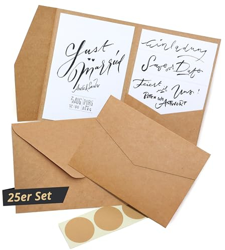 Japun - 25 Pocketfold blanko Kraft-Papier Karten inkl. Briefumschläge (DIN B6), Hochzeit, Einladung, gestalten, beschriften ...