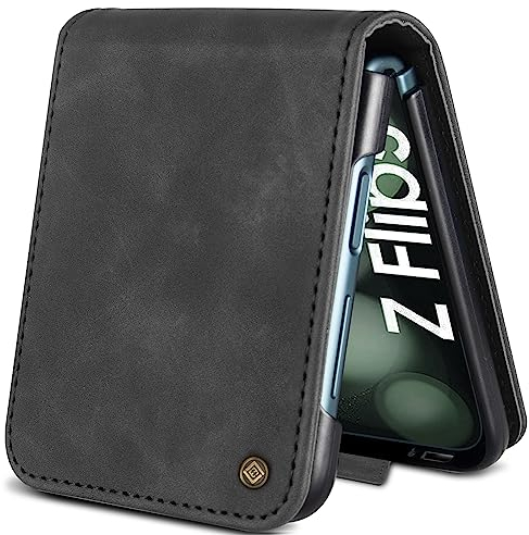 Giyer Handyhülle für Samsung Galaxy Z Flip 5 Hülle, Schutzhülle Galaxy Z Flip 5 5G PU Leder Wallet Flip Case Standfunktion Kartenfach Klapphülle für Samsung Z Flip 5 Cover (Schwarz)