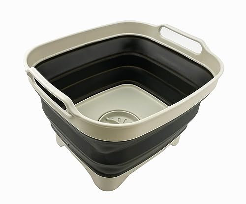 SAMMART 7.5L (2 gallons) Collapsible Plastic Dishpan with Draining Plug - Portable Washing Basin - Foldable Dish Washing Tub - Pop Up Saving (Grey/Washed Black, 1)