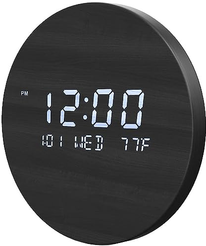 Runde Wanduhr Mit Temperaturanzeige & Digitaler Kalender - Wanduhren Modern Wohnzimmer - 7.56 Zoll Kleine Holz Led Uhr Digital Küchenuhren Intelligent Funk Lautlos Tischuhren Beleuchtet - Schwarz