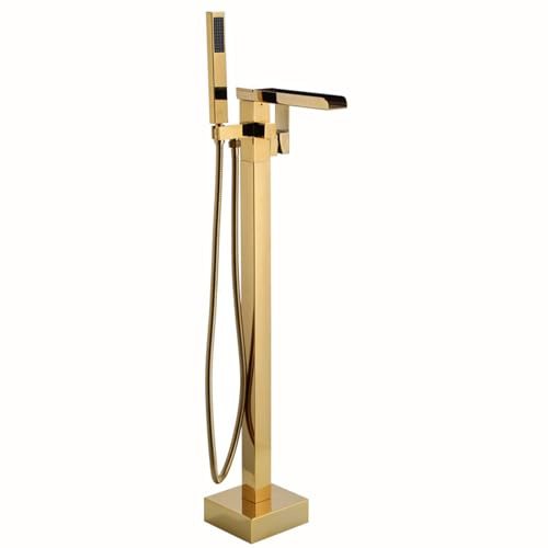BiaoTeng Badewannenarmatur Wasserfall Mit Handbrause Gold Einhebelmischer 360° Drehbar Messing Standarmatur Badewanne Freistehend, Gold