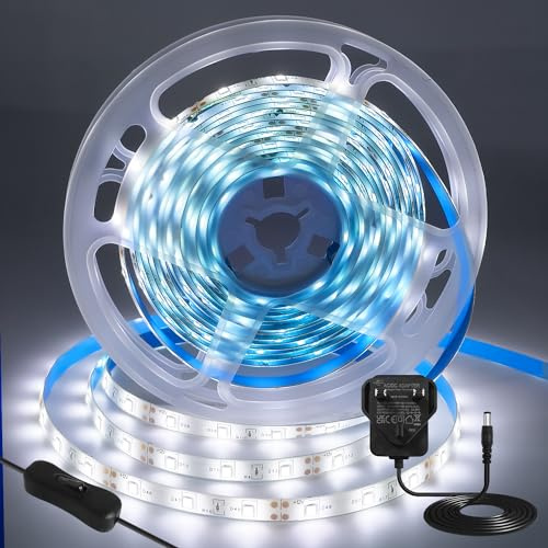iNextStation 5M LED Streifen Kaltweiß, 12V LED Strip Dimmbar Mit Netzteil | 300 LEDs SMD2835, IP65 Wasserdichtes Lichtband, Schneidbar Selbstklebend Lichtleiste für Küche Schrank TV Auto Bar Deko