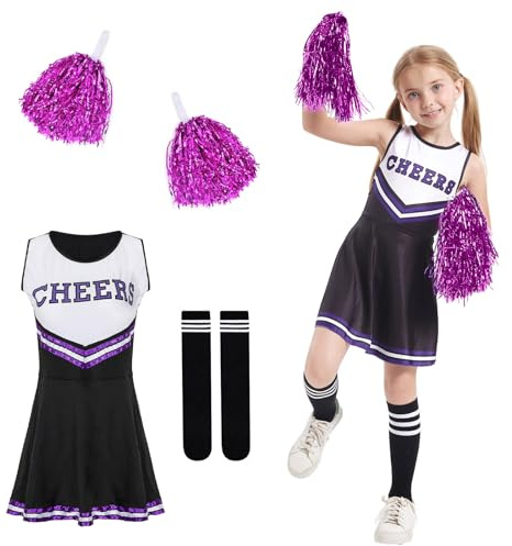 DAZZTIME Cheerleader Kostüm Kinder,Cheerleadering Outfit Mädchen,Kinderkostüm Cheerleader,Cheerleader Kostüm Mädchen,Kinder Cheer Outfit mit Pompoms Socken für Karneval Halloween,Fasching,Mottoparty