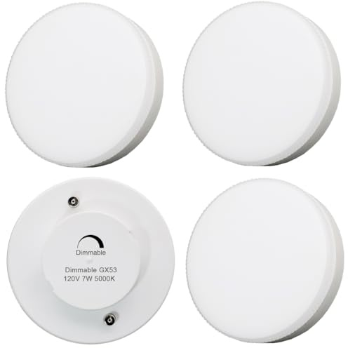 KAKEMONO Bombilla LED GX53 regulable de 7 W, luz blanca diurna, 5000 K, repuesto halógeno de 50 W para debajo del armario de 120 V, iluminación de techo, paquete de 4