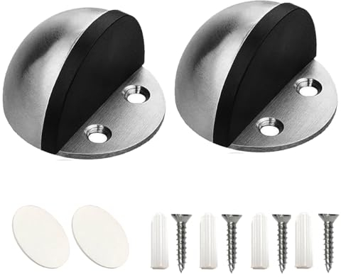 Gendewiner Stainless Steel Door Stopper, 2 Pack, Heavy Duty, Sound Dampening Rubber Buffer, Floor Mounted with Screws or Self Adhesive Pads, Smooth Planes & Flat Surfaces, DIY, Silver