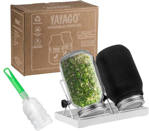 Yayago Sprossenglas Starter-Set I 2er Keimglas Set 750ml für Sprossen & Keimlinge I Anzuchtset für Kräuter, microgreens, Kresse I Inkl. Siebdeckel, Abtropfschale, Verdunklungshüllen & Reinigungsbürste