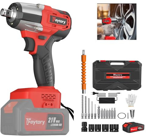 HSHa Bürstenloser Akku Schlagschrauber, 21V 450Nm Akku Schlagschrauber mit 6.0Ah Batterie Elektrischer Schraubenschlüssel 1/2Inch, Schlagschrauber Akku für Auto Reifenwechsel, Rot
