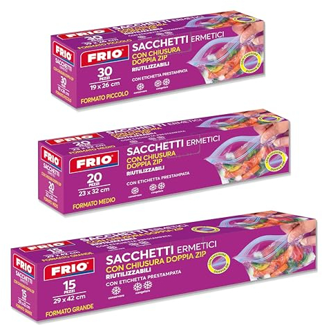 FRIO Set 65 sacchetti ermetici per alimenti, chiusura doppia Zip, etichetta pre-stampata, richiudibili, sigillabili, 3 misure S-M-L, per conservare, per congelatore, salva freschezza, riutilizzabili