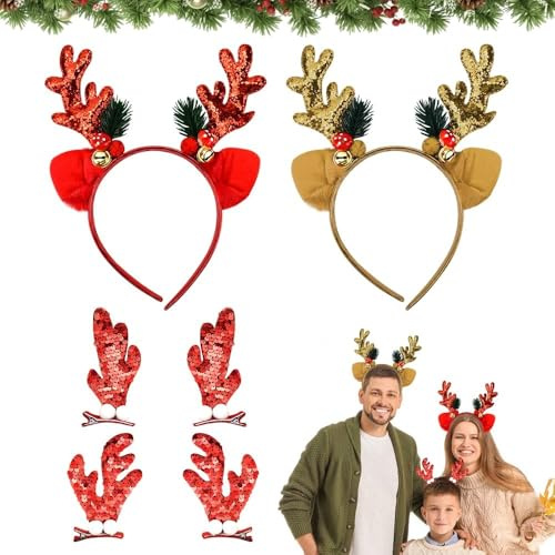 LPAMABA 2 piezas de diademas de Navidad con cuernos de reno brillantes, horquillas con cuernos de reno, diademas navideñas, tocado navideño, peinado navideño para niñas y adultos