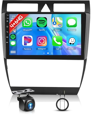 4+64G Radio de Coche para Audi A6/C5/S6/RS6 1997-2006 9 Pulgadas HD Android 13 Audi Radio con Wireless Carplay Android Auto Navegación GPS Mirror Link Bluetooth WiFi/FM/RDS/EQ/SWC/USB Cámara Trasera