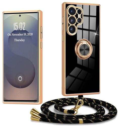 XCYYOO Handykette für Hülle Samsung Galaxy S25 Ultra mit Band Handyhülle mit Kette Galvanisierte Kratzfest Schutzhülle zum umhängen Hüllen mit Abnehmbar Kordel Silikon Stoßfest Case mit Ring Ständer