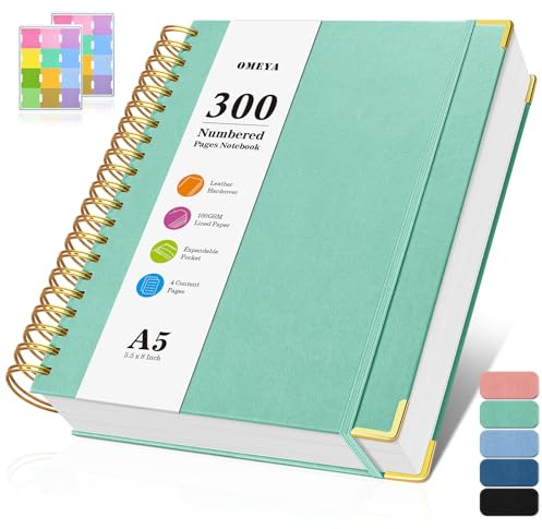 Spiral Notebook, 300 Numbered Pages Notebooks College Ruled with Contens, 100GSM Thick Journal for Women Men, Hardcover Leather Lined Journal for Writing, Large A5 Notebooks for Work School, 6 x 8