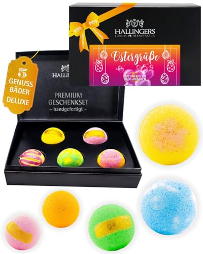 Hallingers Genuss Manufaktur Badebomben Geschenkset Ostern – 5 Badekugeln in Geschenkbox, Wellness & Spa, aromatisches Badeset, Geschenkidee zu Ostern für ins Osterkörbchen, Bath Bomb Badezusatz