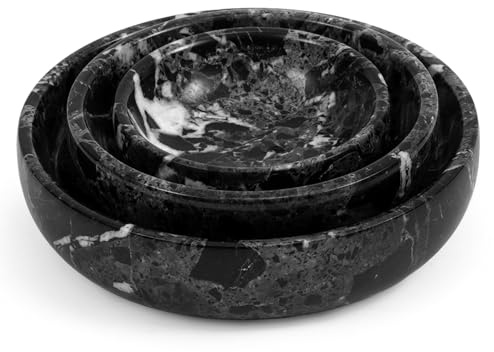 SPESHSTONES Marmorskålar set med 3 handgjorda svarta små dekorativa blandningsplattor och skål för mörk sojasås, servering, förvaring och kökstillbehör – stenrätter set för matbordsdekor