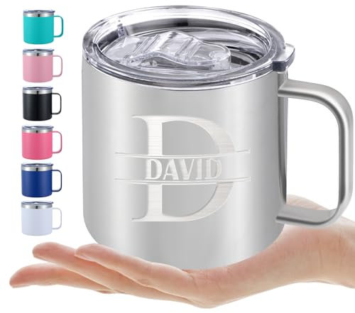 ShAxzHen Tasse à café isotherme personnalisée en acier inoxydable avec initiale gravée et couvercle à poignée, cadeau personnalisé pour homme et femme 414 ml