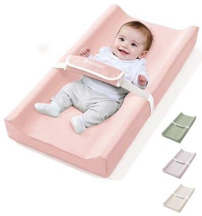 COMOMY Vegan Leather Baby Changing Mat with Waterproof and Soft PU Cover, Anti-Roll and Anti-Slip Wedge Changing Pad with Safety Straps, Portable Nappy Change Mat, for Dresser and Table, Pink