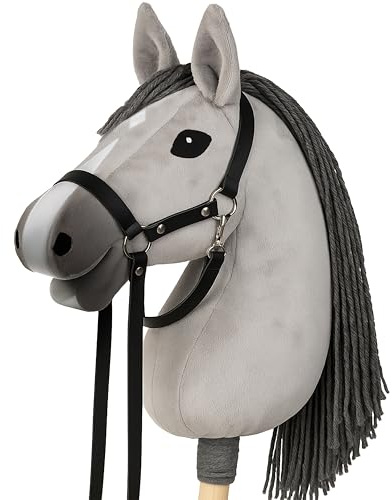 CELMAN Hobby Horse Steckenpferd Grau mit Zaumzeug & Leine – A3 Kopfgröße – Großer Reitspaß für Kinder – Realistisch & Weich – Holzstab