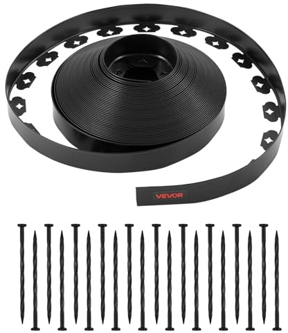 VEVOR Borde de Jardín, 30 m x 4 cm, Borde de Césped de Plástico con 120 Clavos de Tierra, Borde Paisajístico de Valla Resistente al Sol para Parterres, Pavimento de Jardín y Caminos de Grava, Negro