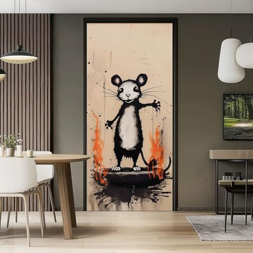 88 x 200 cm Türtapete Selbstklebend Abnehmbar PVC TürPoster, Schwarz Braunes Banksy Ratte Graffiti Thema Türaufkleber Wasserfest Türfolie für Schlafzimmer Küche Gang Badezimmer