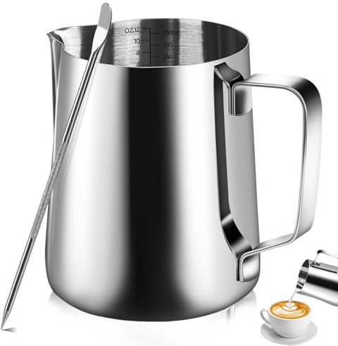 Milk Frothing Jug, 350ml Stainless Steel Milk Jug for Coffee Machine | V-Sharp Pouring Spout, Clear Scale, Ergonomic Handle & 1 Latte Art Pens | Metal Milk jug for Latte Art, Home, Office, Cafe Use