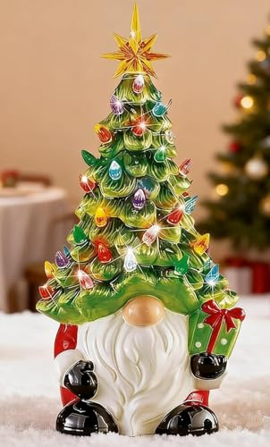 Lighted Up Christmas Gnome Tree Decorations, DIY Ceramic Gnome Christmas Tree with Multicolored Lights, Mini Faceless Old Man Prelit Xmas Holiday Decor for Tabletop Home Room Fireplace Office