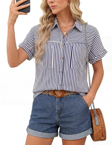 Kistore Womens Button Down Casual Shirts Cotton Short Sleeve Blouses Striped Summer Tops with Pocketes Navy Blue Stripes L